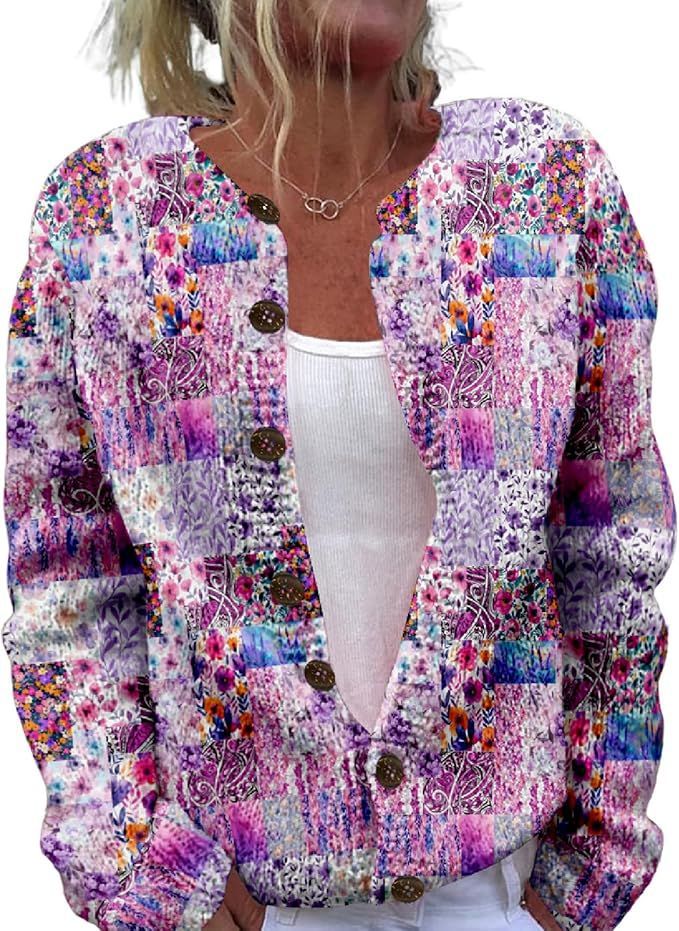 Floral Print Buttoned Casual Cardigan Sweater