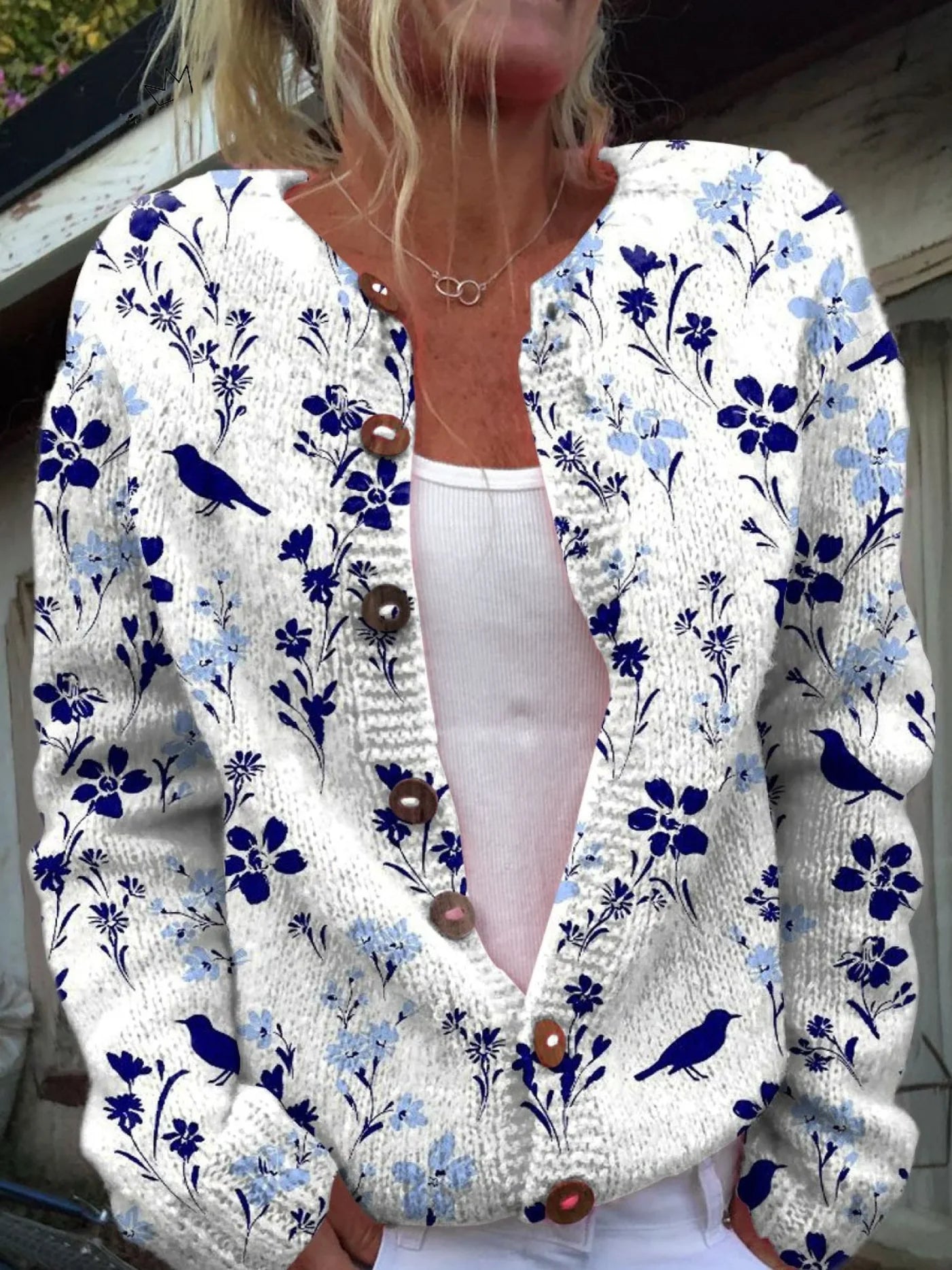 Women's Lovely Floral Art Print Buttoned Cardigan Sweater