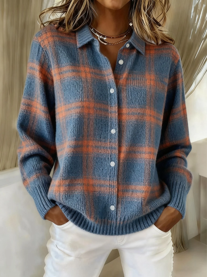 Edna | Warm Blue Check Cardigan